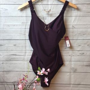 Merona One Piece wrap braid Swimsuit Plum Burgundy